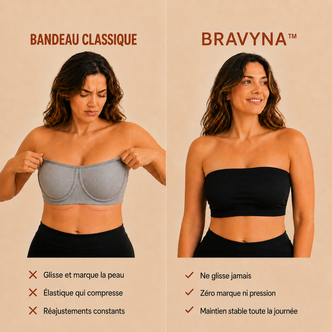 Soutien-gorge bandeau push-up sans armatures Bravyna lingerie seamless capsule en nude noir et blanc pour assortir sa lingerie a toutes les tenues de sa garde-robe du quotidien