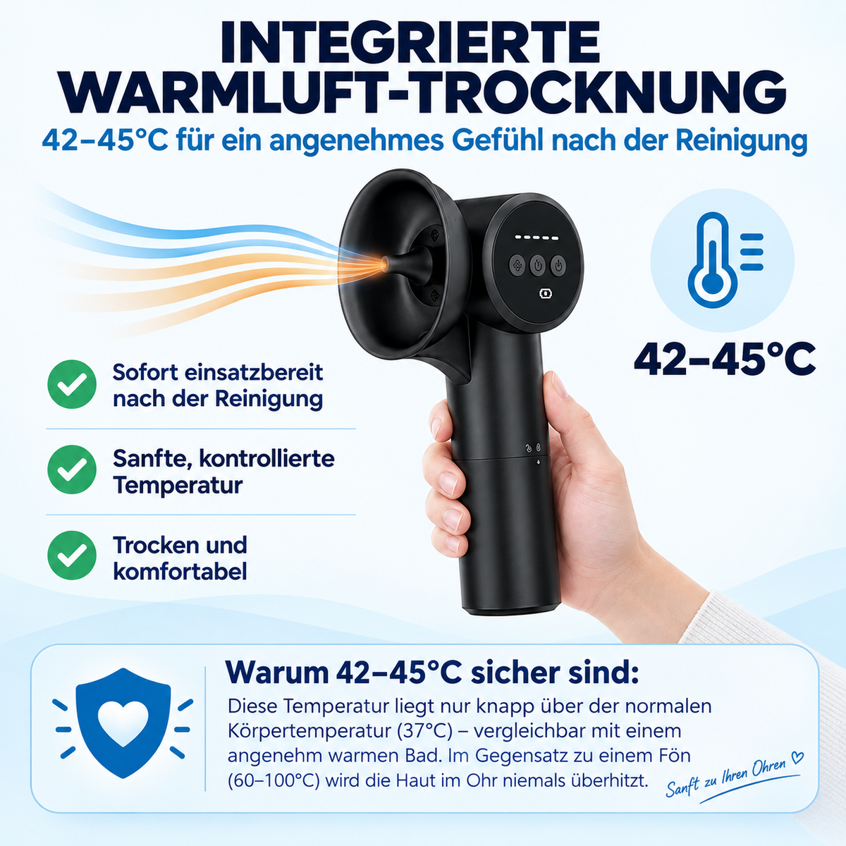 Ohrenreiniger 2-in-1 · Reinigung & Warmlufttrocknung