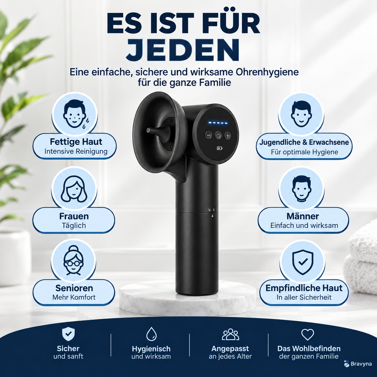 Ohrenreiniger 2-in-1 · Reinigung & Warmlufttrocknung